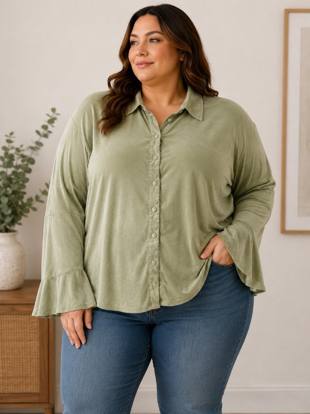Cider Women's Sage Green Button Front Collared Knit Top Long Sleeve 3XL